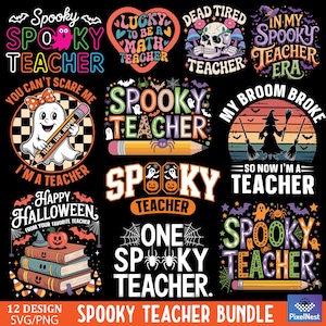 Lehrer Halloween T-shirt PNG SVG Bundle, gruseliges Lehrer-Shirt Png, Retro-Geist-Lehrer-Svg, T-Shirts Geschenke für Lehrer, gruselige Bücherwurm ClipArt