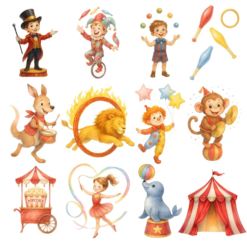 Watercolor Circus Clipart Bundle, Cute Circus Animals PNG, Vintage ...