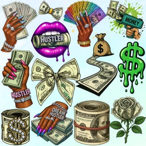 Pu&ograve; includere: Una collezione di illustrazioni colorate a tema denaro. Include pile di banconote, fiocchi di banconote da un dollaro, una pistola spara soldi, un simbolo del dollaro che gocciola e una rosa fatta di soldi. Presenta anche labbra con la parola "Hustler" e mani con soldi.