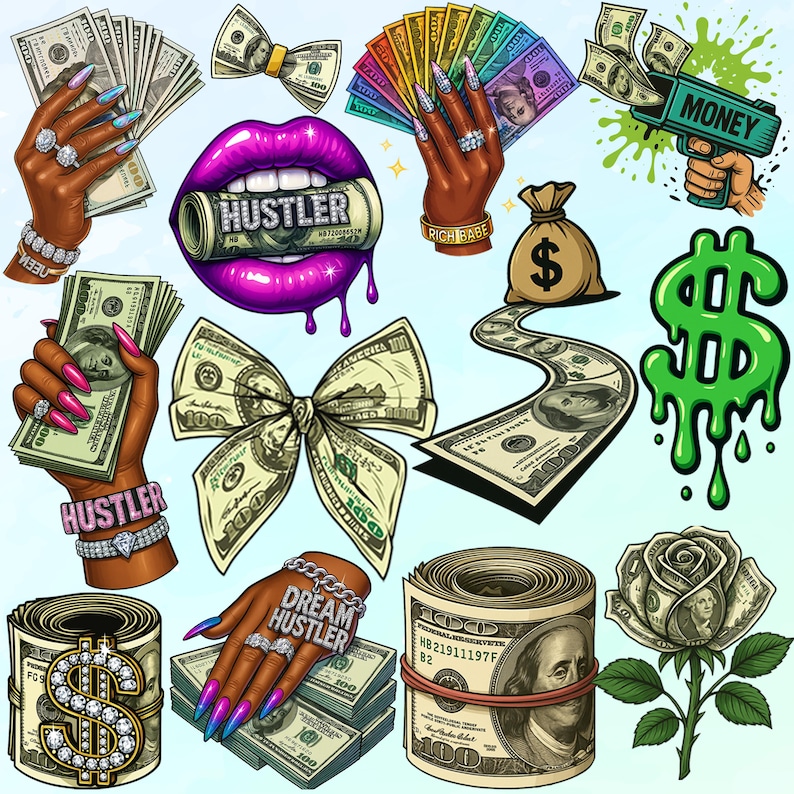 Pu&ograve; includere: Una collezione di illustrazioni colorate a tema denaro. Include pile di banconote, fiocchi di banconote da un dollaro, una pistola spara soldi, un simbolo del dollaro che gocciola e una rosa fatta di soldi. Presenta anche labbra con la parola "Hustler" e mani con soldi.