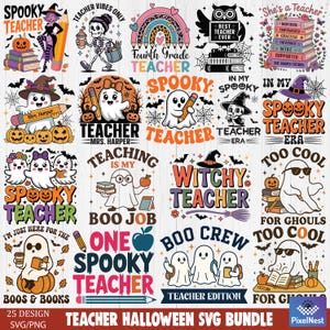 Läskig lärare Halloween-tröja Svg-paket, läskig Halloween-lärare-t-shirt PNG, retro lärare spöke PNG, Halloweenfest skola Clipart
