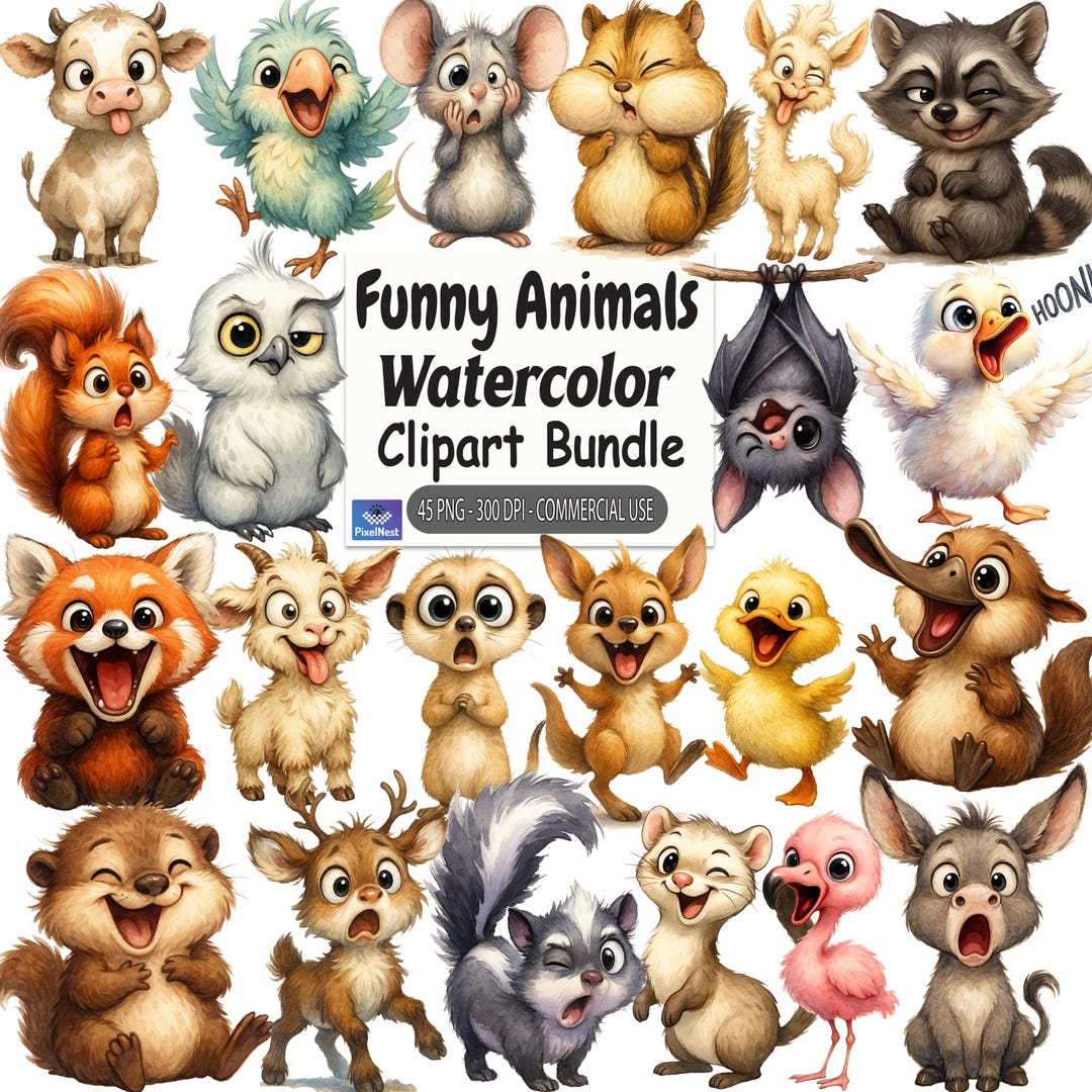 Funny Animals Watercolor Clipart Bundle, Cute Animals PNG, Cartoon ...