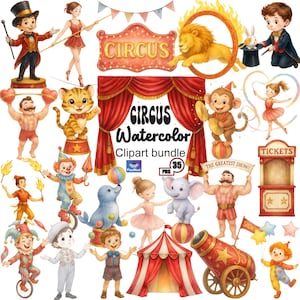 Puede incluir: Conjunto de imágenes prediseñadas de acuarela con ilustraciones de circo. Incluye un maestro de ceremonias, una acróbata, un león, un payaso, un mono, un elefante y más. El texto "CIRCUS" y "Watercolor Clipart bundle" son visibles.