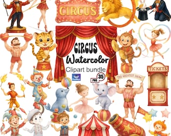 Watercolor Circus Clipart Bundle, Cute Circus Animals PNG, Vintage Carnival Clipart for Kids Party & Nursery Decor, Baby Circus Digital File