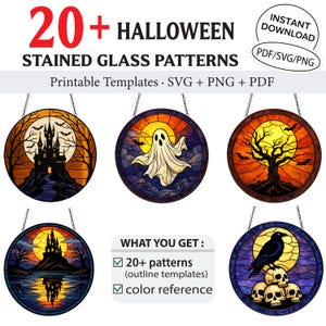 May include: A collection of Halloween-themed stained glass patterns. The image features several circular designs with spooky elements like a haunted house, ghost, and raven. Text includes "20+ Halloween Stained Glass Patterns" and "Printable Templates SVG + PNG + PDF".