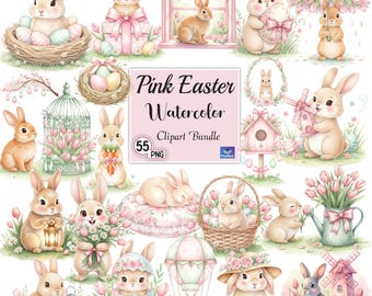 Pink Watercolor Easter Clipart Bundle, Cute Pastel Easter PNG, Spring Rabbit Clip Art for Sublimation Stickers, Pink Easter Bunny Graphics