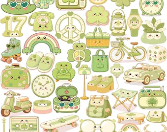 Groovy St Patrick’s Day Clipart Bundle, Cute Shamrock PNG, Retro Irish Green art, Kawaii St Paddy Png Set, St Paddys Day, St. Pattys day Svg