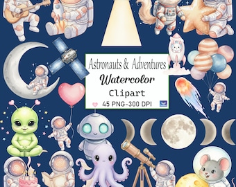 Astronaut Watercolor Clipart Bundle, Space Cosmic Adventures PNG, Kids Outer Space Art for Stickers, Nursery & Crafts,Cute Astronaut Clipart