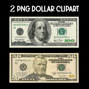 Puede incluir: Dos billetes de dólar estadounidenses: un billete de 100 $ con Benjamin Franklin y un billete de 50 $ con Ulysses S. Grant. Los billetes son verdes y negros, con detalles y texto intrincados. La imagen incluye el texto "2 PNG DOLLAR CLIPART".
