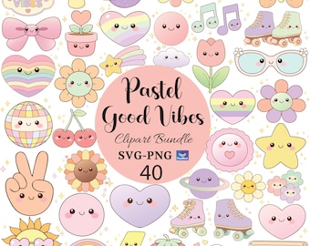 Pacchetto di clipart di buone vibrazioni pastello, SVG di vibrazioni positive, arte kawaii carina, grafica retrò pastello alla moda (download digitale)
