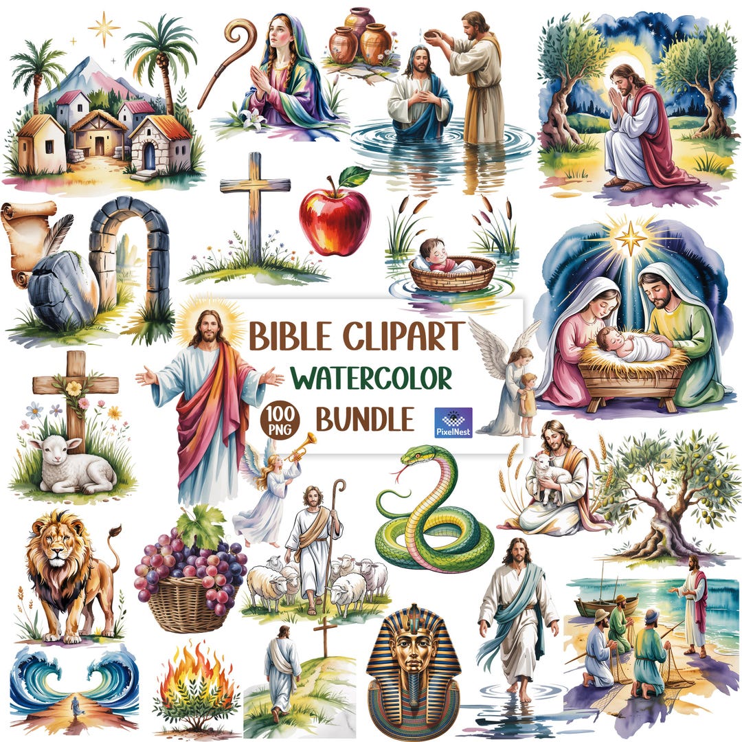 Bible Watercolor Clipart Bundle, Christian PNG Images, Jesus Bible ...