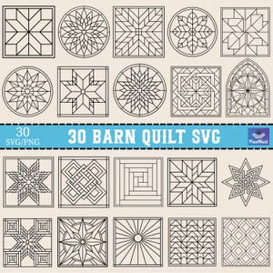 May include: A selection of 30 black and white barn quilt designs featuring geometric patterns such as stars, squares, and circles. The text "30 BARN QUILT SVG" is shown on a blue banner.