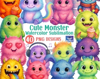 Cute Monster Watercolor Clipart Bundle, Adorable Monster PNGs, Fantasy Creature Designs for Kids, Nursery & T-Shirt Art, Funny Monsters PNG