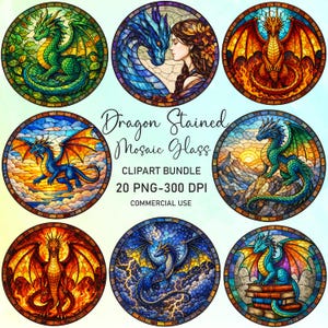May include: A collection of nine round stained glass designs featuring dragons in various colors. The designs include dragons with blue, green, and red scales, with wings and set against colorful backgrounds. Text reads "Dragon Stained Mosaic Glass" and "CLIPART BUNDLE 20 PNG-300 DPI COMMERCIAL USE."