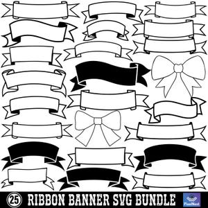 Può includere: Una collezione di 25 design SVG di banner a nastro in bianco e nero. I design includono varie forme e stili di banner e fiocchi, perfetti per progetti di artigianato digitale. Il testo "RIBBON BANNER SVG BUNDLE" è in basso.