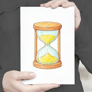 May include: A hand-drawn illustration of an hourglass. The hourglass features a wooden frame with a light blue glass center. Yellow sand is flowing from the top to the bottom, depicting the passage of time.