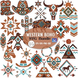 Puede incluir: Una colección de gráficos SVG con temática Western Boho en marrón, turquesa y naranja. Los diseños incluyen una bota de vaquero, sombrero, calavera de toro, flechas, cactus, búfalo y patrones geométricos. La imagen también incluye el texto "WESTERN BOHO SVG BUNDLE".