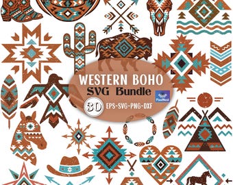 Western Boho SVG Bundle, Boho Cowboy Aztec PNGs, Western Retro Clipart PNG, Rustic Boho Elements for Cricut, Aztec Skull Tribal Pattern Svg