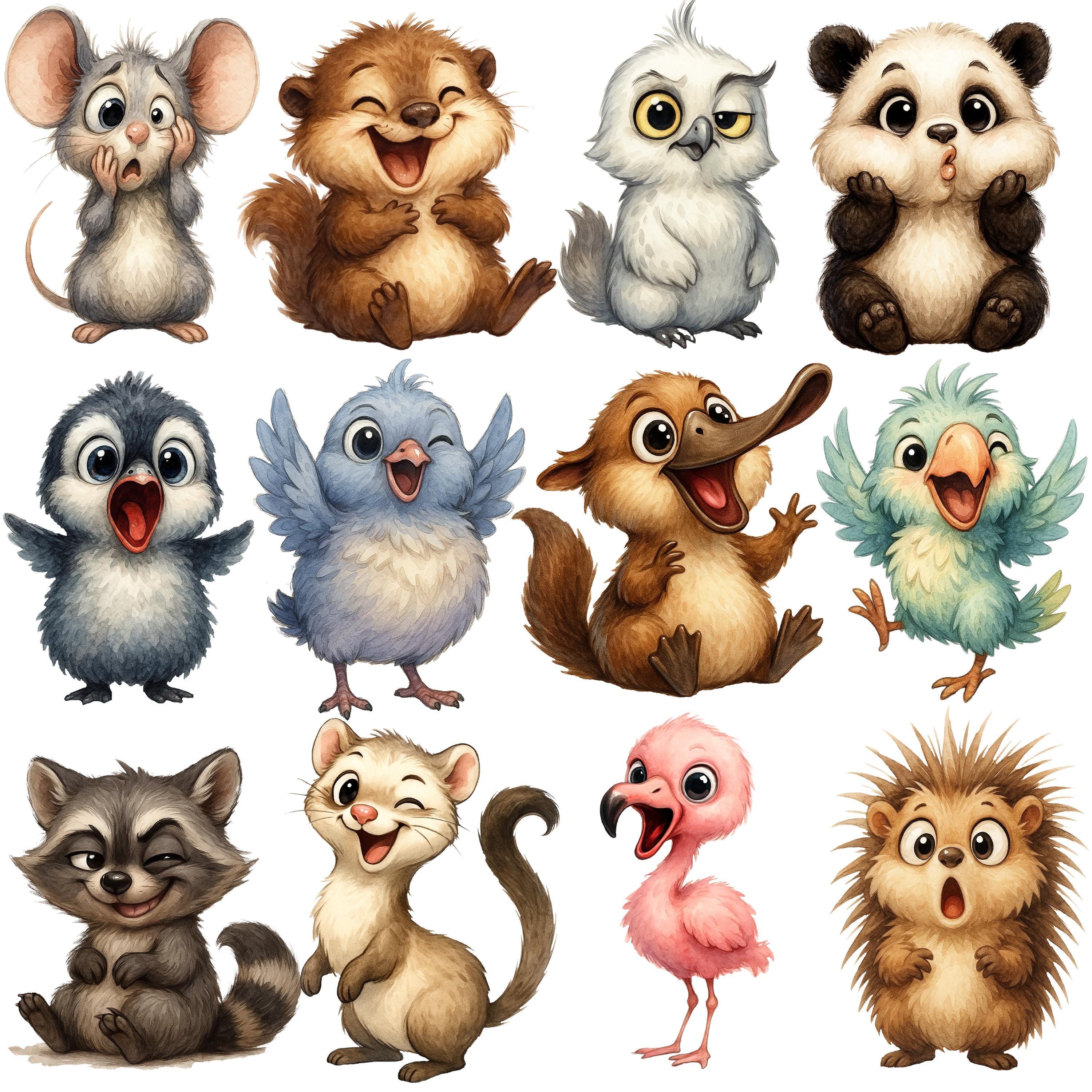 Funny Animals Watercolor Clipart Bundle, Cute Animals PNG, Cartoon ...