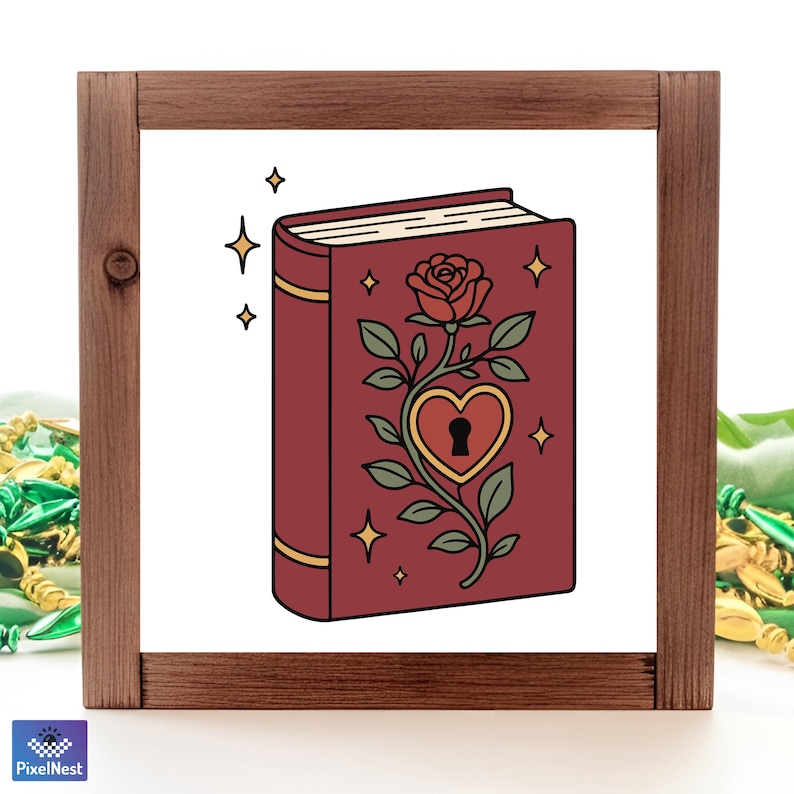 May include: A framed print featuring a burgundy book with a rose and heart design. The book has gold accents and is surrounded by sparkling stars. The artwork is set in a brown wooden frame.