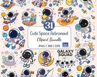 Paquete de imágenes prediseñadas de astronautas espaciales adorables, imágenes PNG del espacio kawaii, ilustraciones de astronautas galácticos para niños, imágenes prediseñadas del espacio exterior para pegatinas y manualidades.