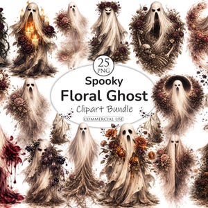 May include: A digital clipart bundle featuring 25 spooky floral ghost designs. The ghosts are depicted in various poses, draped in flowing white fabric, and adorned with floral arrangements in shades of red, brown, and cream. The text "Spooky Floral Ghost Clipart Bundle" is also visible.