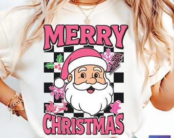 Merry Christmas Santa Shirt PNG, Retro Pink Santa Sublimation Design, Cute Holiday T-Shirt Graphic, Checkered Christmas SVG, Santa claus PNG