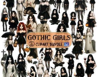 Zestaw clipartów z gotyckimi dziewczynami, mroczne tajemnicze obrazy PNG, ilustracje gotyckiej kobiety o czarującym usposobieniu, clipart z gotycką dziewczyną na Halloween, mroczne fantasy PNG