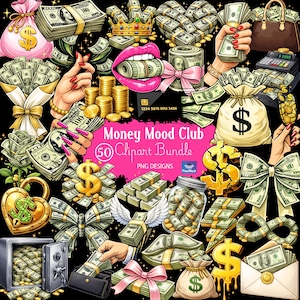 Pode incluir: Uma ilustração digital com várias representações de dinheiro, incluindo pilhas de notas, moedas de ouro e sacos de dinheiro. A imagem inclui o texto "Money Mood Club (50) Clipart Bundle PNG Designs."