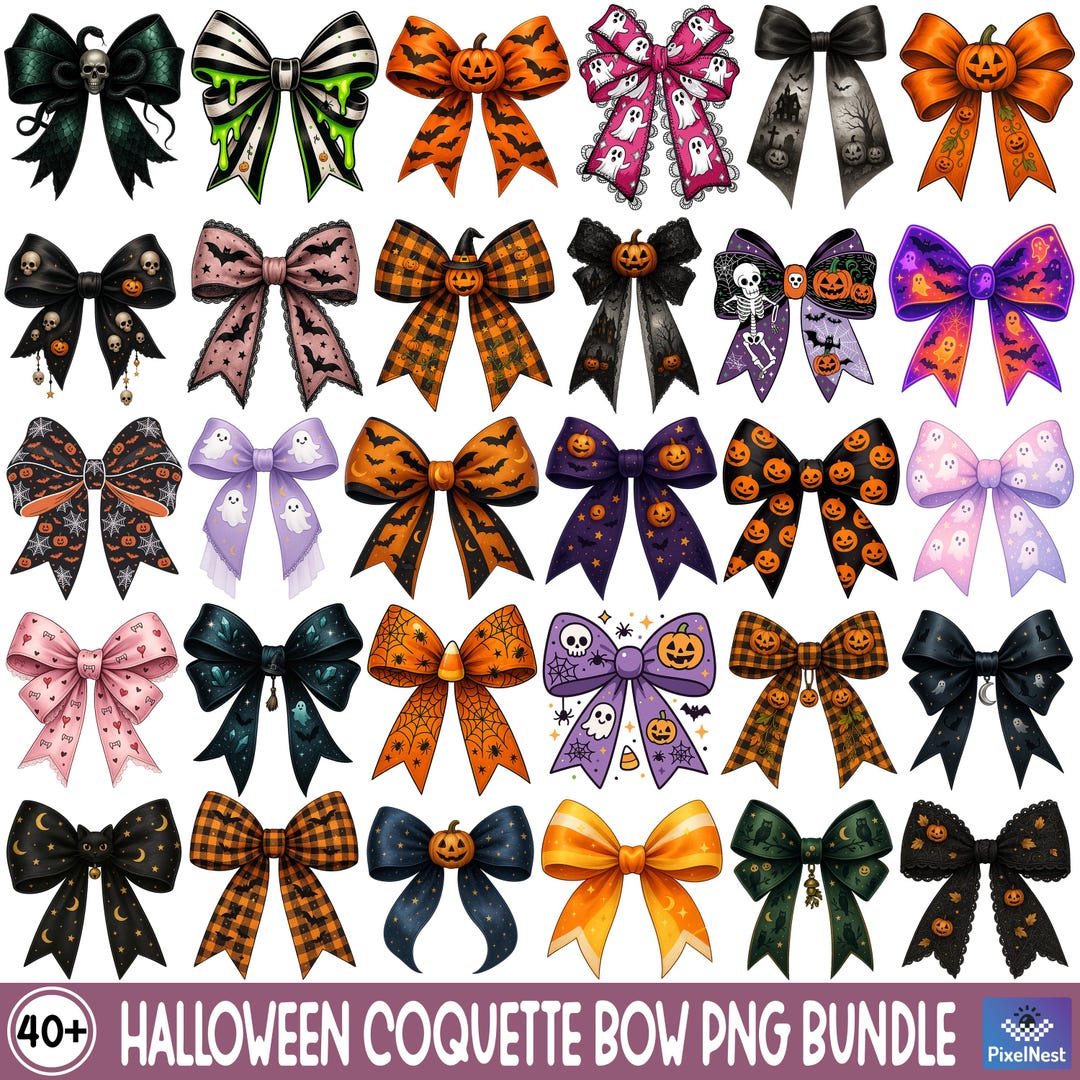 Halloween Coquette Bow PNG Bundle, Cute Spooky Bows Clipart, Ghost ...