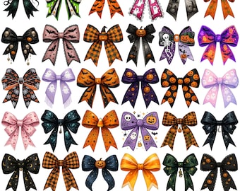 Halloween Coquette Bow PNG Bundle, Cute Spooky Bows Clipart, Ghost Pumpkin Ribbon Bows for Halloween T-Shirts & Stickers, Scary Coquette png