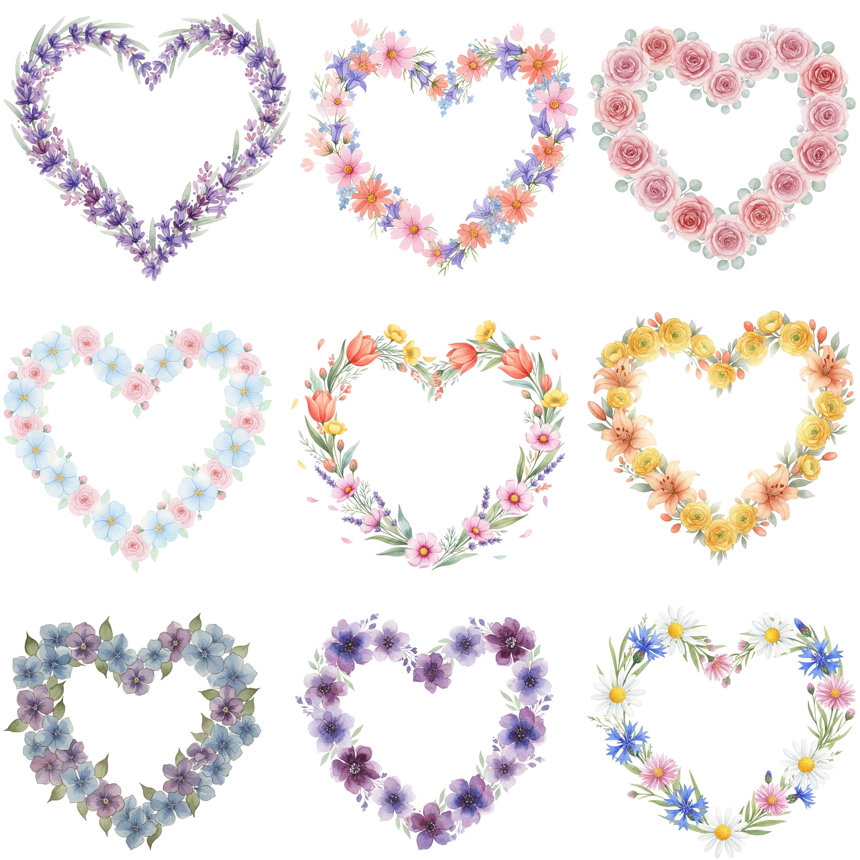 Floral Heart Wreath Clipart Bundle, Watercolor Flower Heart Frames ...