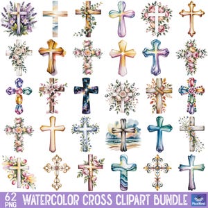 Może przedstawiać: Kolekcja akwarelowych krzyży w różnych wzorach. Niektóre krzyże są ozdobione kwiatami, kamieniami szlachetnymi lub elementami dekoracyjnymi. Krzyże charakteryzują się gamą kolorów, w tym pastelami, złotem i żywymi odcieniami. Tekst na dole brzmi "62 WATERCOLOR CROSS CLIPART BUNDLE".