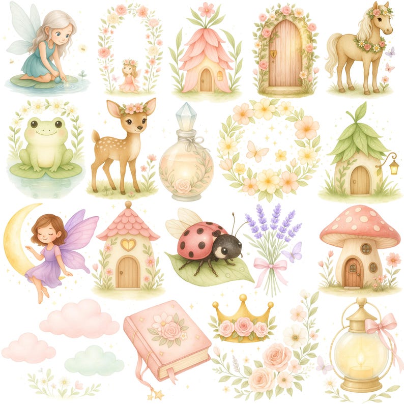 Fairy Garden Watercolor Clipart Bundle, Cute Fairy PNG, Whimsical ...