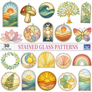 Könnte beinhalten: Eine Sammlung von 30 Glasmalerei-Mustern, darunter ein Pilz, eine Welle, ein Baum und ein Schmetterling. Die Muster weisen lebendige Farben und Designs auf, mit dem Text "STAINED GLASS PATTERNS" in Rosa.
