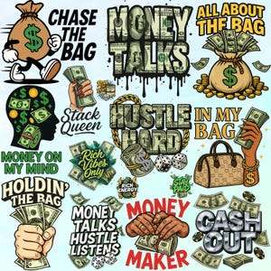 Pu&ograve; includere: Una collezione di illustrazioni grafiche a tema denaro. Le immagini includono sacchi di denaro, mazzi di contanti e frasi come "Chase the Bag", "Money Talks" e "Cash Out". La tavolozza dei colori &egrave; principalmente verde, nero e oro.