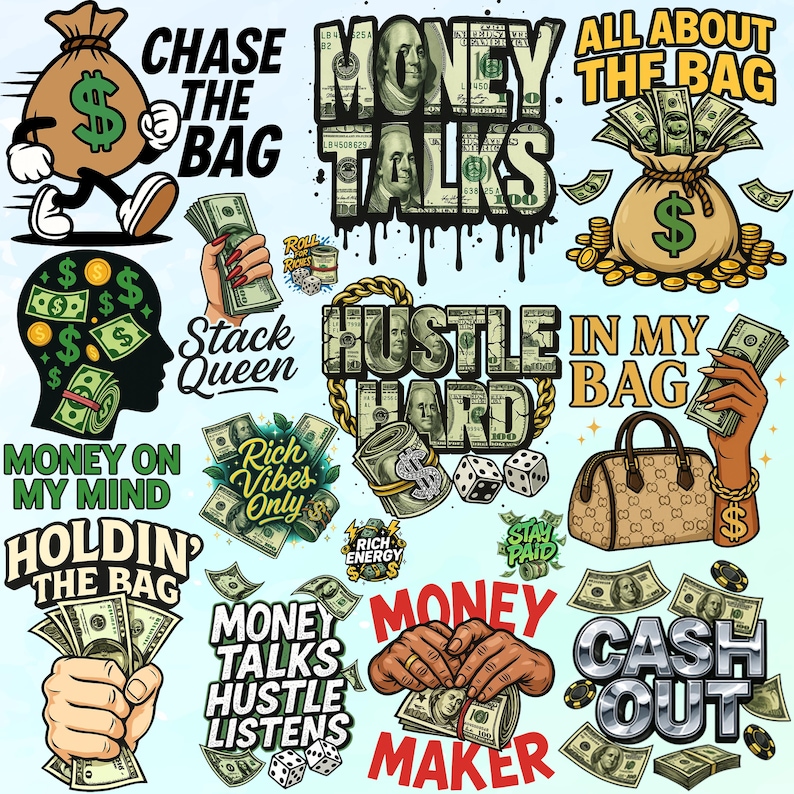 Pu&ograve; includere: Una collezione di illustrazioni grafiche a tema denaro. Le immagini includono sacchi di denaro, mazzi di contanti e frasi come "Chase the Bag", "Money Talks" e "Cash Out". La tavolozza dei colori &egrave; principalmente verde, nero e oro.