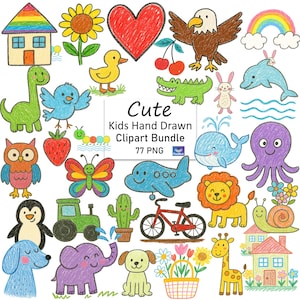 May include: A selection of colourful, hand-drawn clip art illustrations for children. Includes a house, sunflower, heart, eagle, rainbow, dolphin, and various animals. The text "Cute Kids Hand Drawn Clipart Bundle" is also included.
