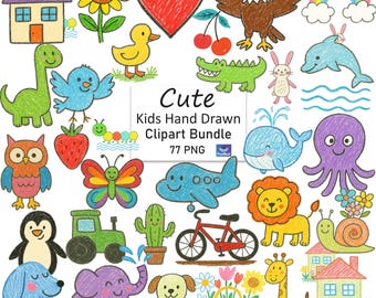 Kids Hand Drawn Crayon Clipart Bundle, Cute Childlike Doodle PNG Set, Crafts, Classroom Decor, Hand Drawn Sketch Elements Commerical Use