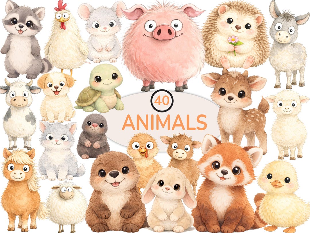 Cute Animal Clipart Bundle, Watercolor Farm Woodland Animals PNG ...