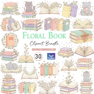 May include: A digital clipart bundle featuring illustrations of books with floral accents. The image includes stacks of books, open books, and books with flowers, along with a cute cat. The text "FLORAL BOOK Clipart Bundle" is displayed.