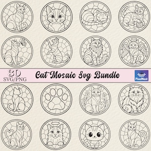 Puede incluir: Una colección de diseños de mosaicos de gatos en blanco y negro en marcos circulares. Los diseños presentan varias poses de gatos, incluyendo sentados, jugando y durmiendo. Se muestra el texto "Cat Mosaic Svg Bundle".