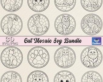 Paquete SVG de mosaico de gatos, diseño de vitrales de gatos y círculos de mandala de arte lineal, SVG/PNG para amantes de los gatos para Cricut, mosaicos de gatos para colorear y manualidades.
