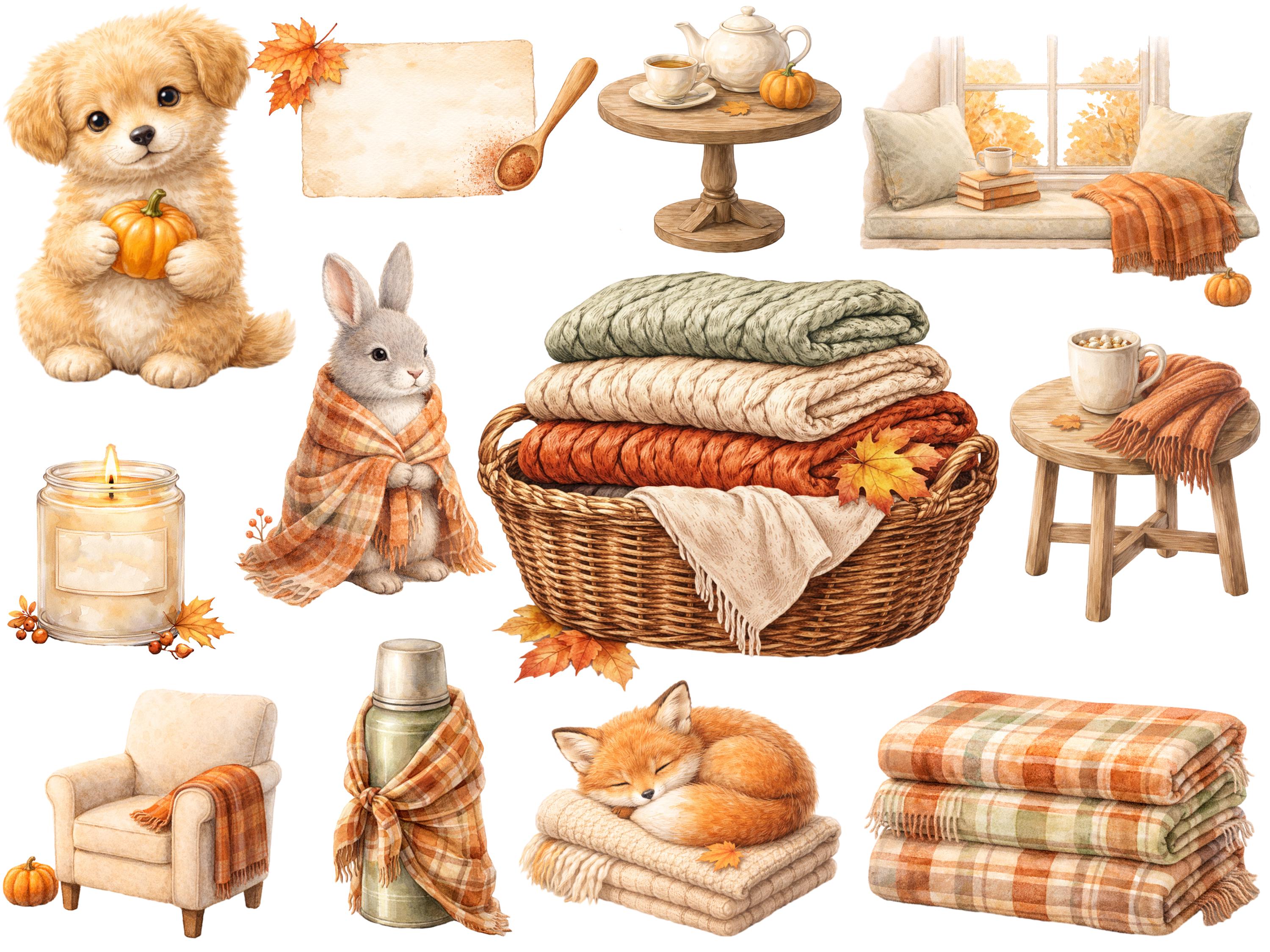 Cozy Fall Clipart Bundle, Watercolor Autumn PNG Illustrations, Cute ...
