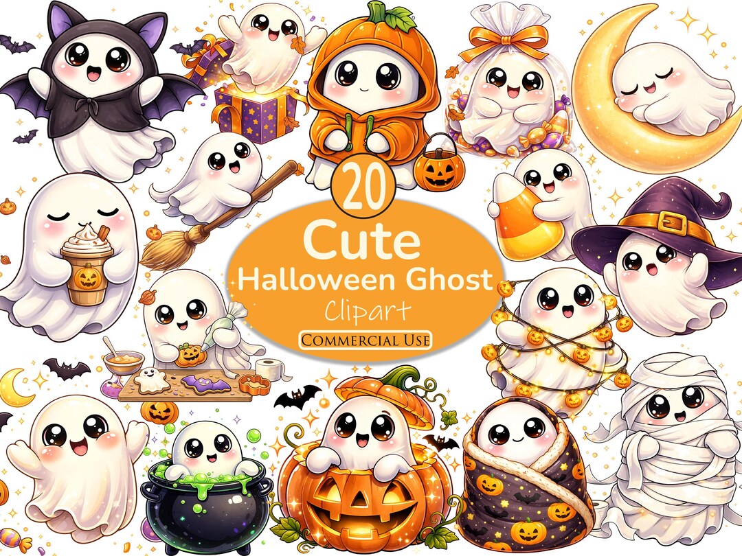 Cute Halloween Ghost PNG Bundle, Kawaii Spooky Ghost Clipart, Cute ...