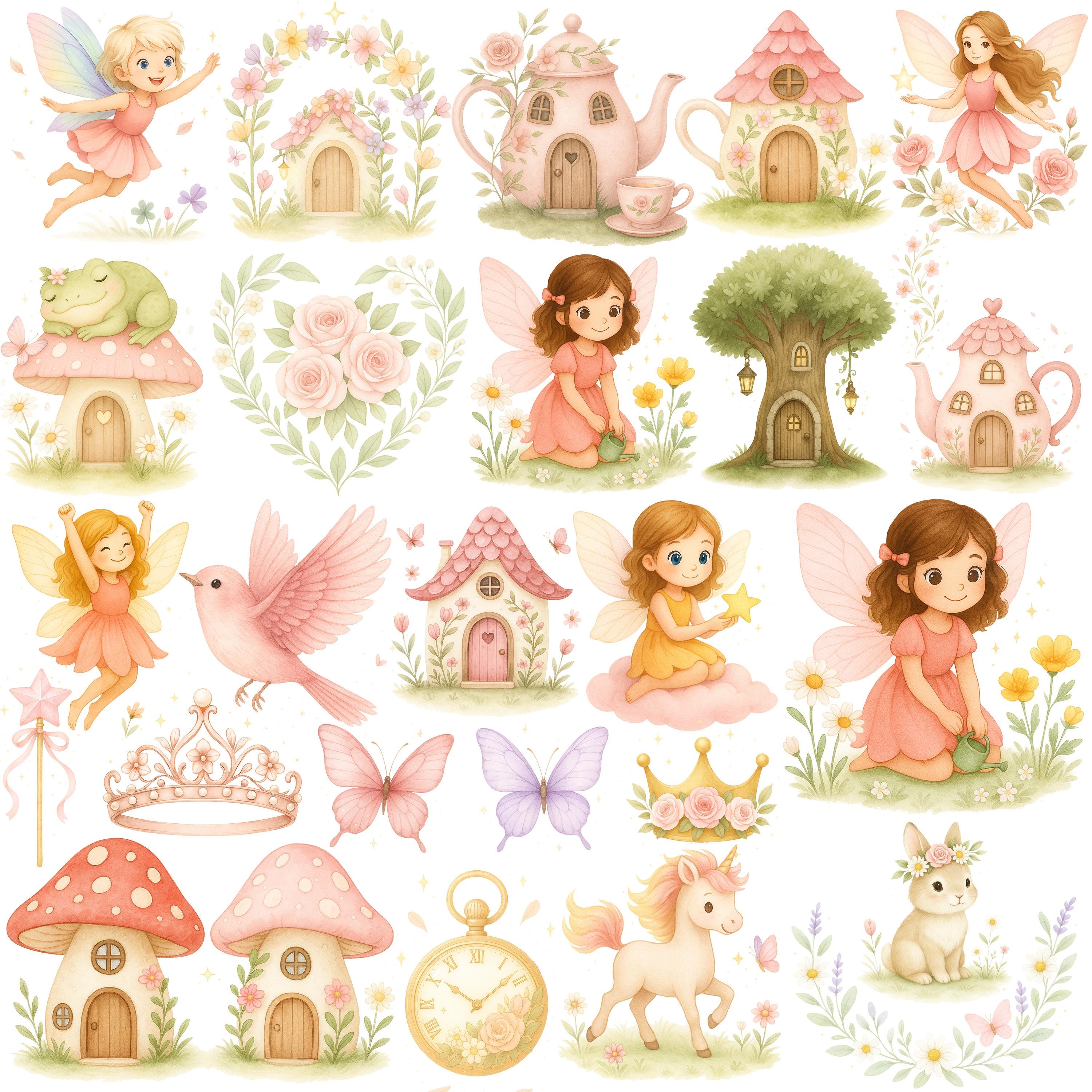Fairy Garden Watercolor Clipart Bundle, Cute Fairy PNG, Whimsical ...