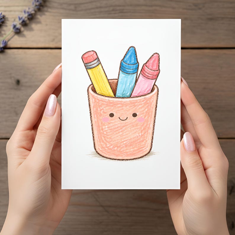 May include: A greeting card featuring a drawing of a peach-colored pencil holder with a smiling face. Inside the holder are a yellow pencil, a blue crayon, and a pink crayon. The card is held by two hands.