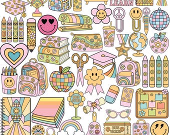 Groovy School Clipart-paket, Retro lärare SVG PNG-set, Boho klassrumsklistermärken, Tillbaka till skolan Clipart, Retro tillbaka till skolan-material PNG