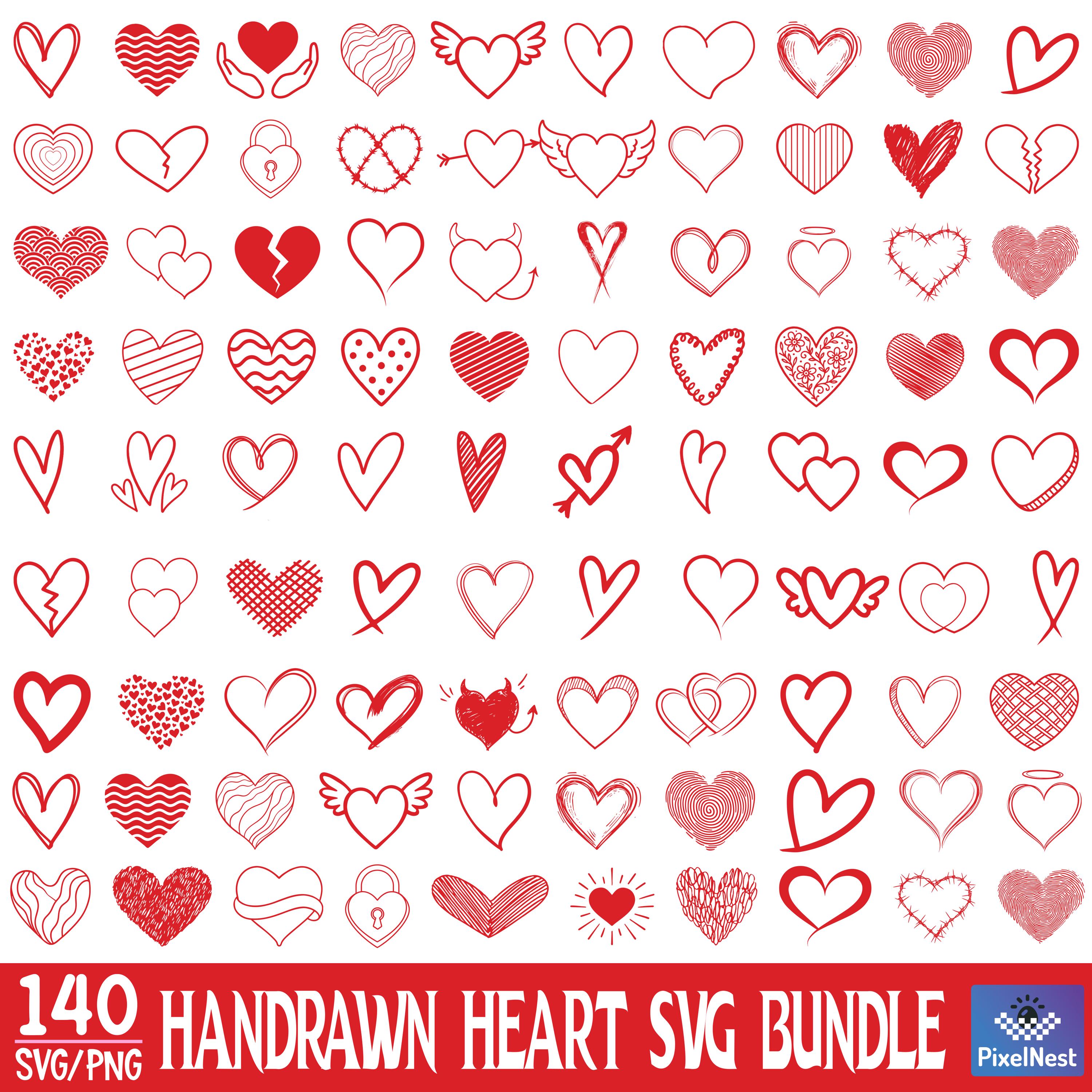 Hand Drawn Heart SVG Bundle, Valentines Hearts PNG, Handdrawn Valentine ...