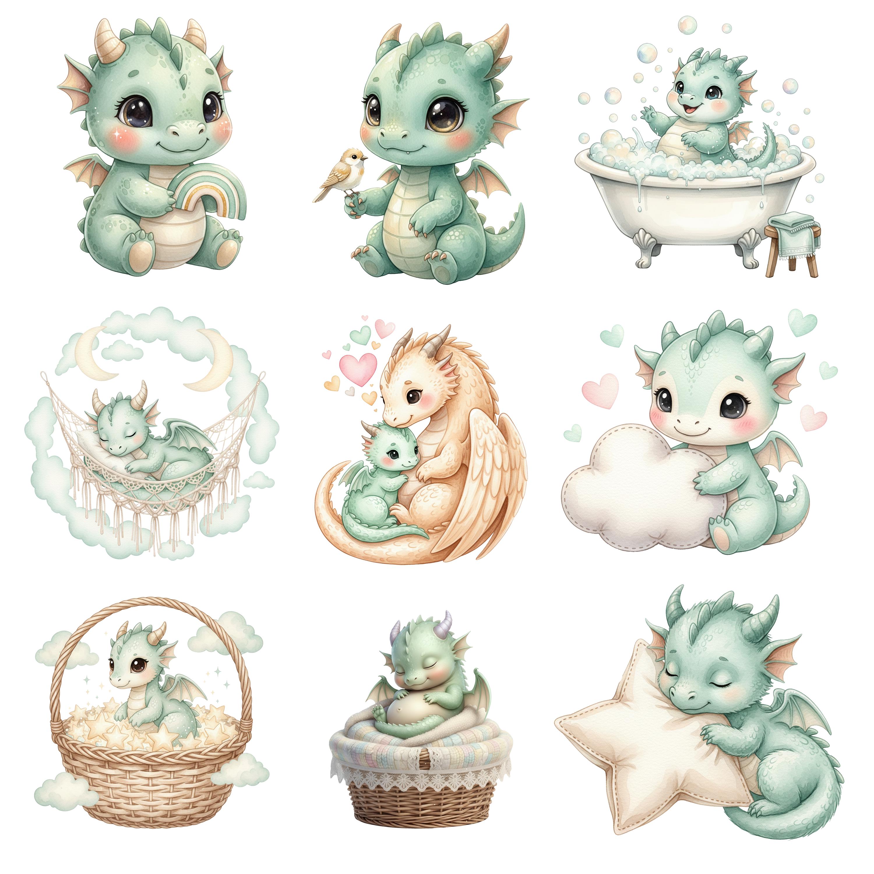 Baby Dragon Nursery Clipart Bundle, Cute Dragon Baby PNG, Pastel ...